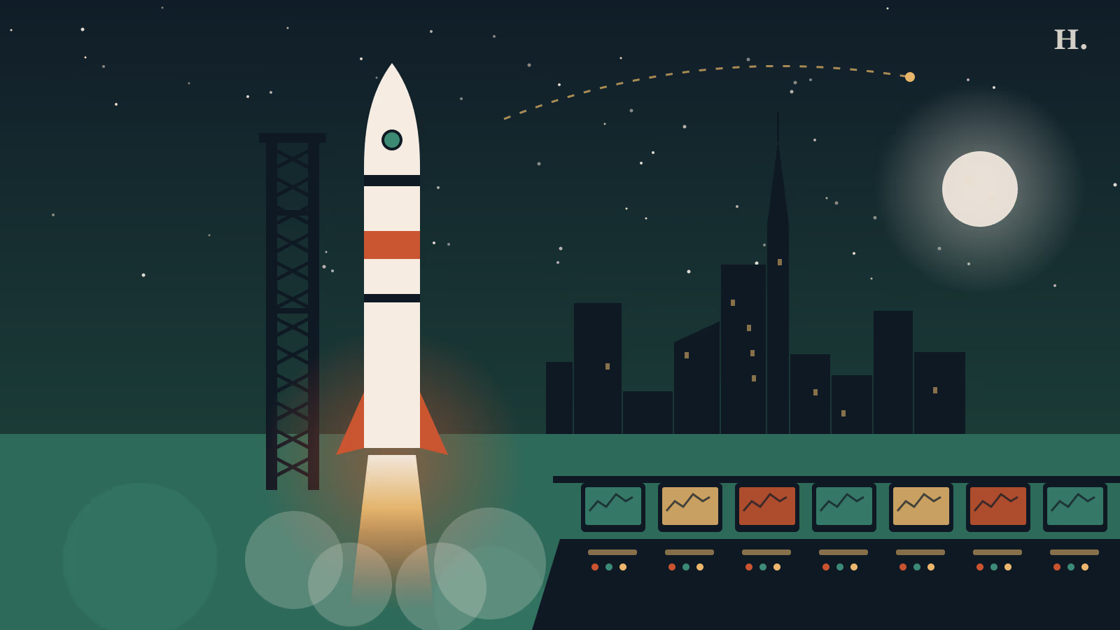 Illustration of a rocket launch and mission control consoles for a Space Center Houston guide