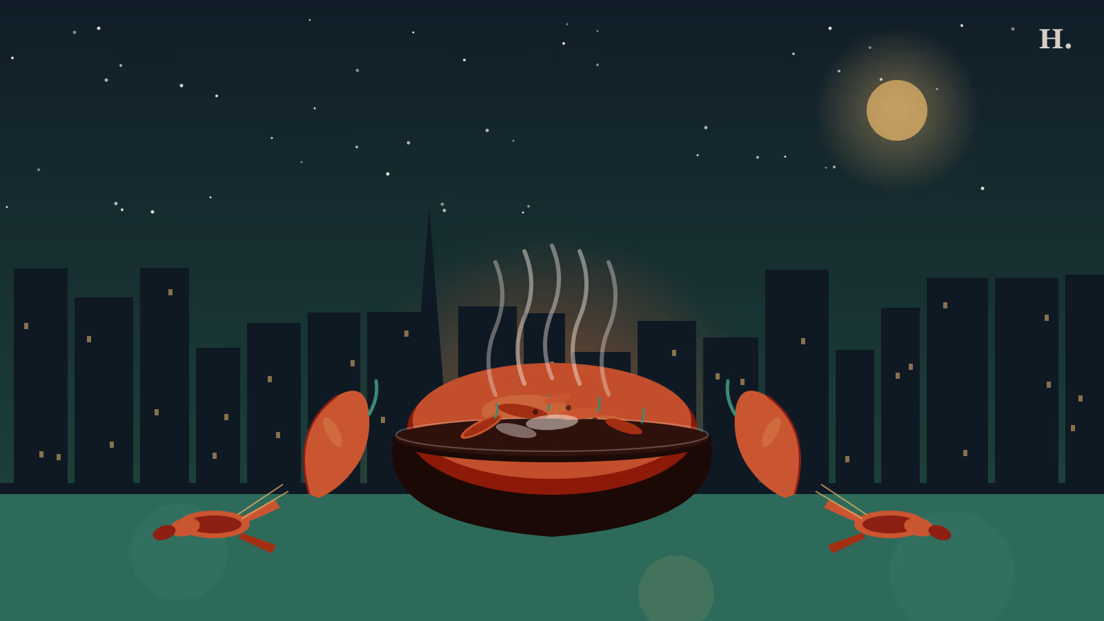 Spicy food Houston: steaming bowl with chili peppers and crawfish under a Houston night sky