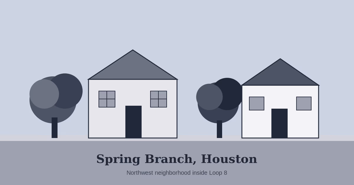 Illustration of Spring Branch Houston neighborhood houses and trees for living-in guide
