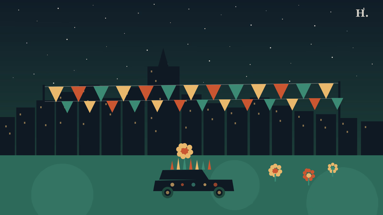 Spring festival bunting pennants and decorated art car silhouette against Houston skyline