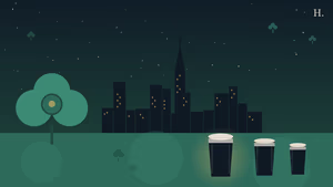 St. Patrick’s Day in Houston illustration: shamrock, Guinness pint, and city skyline at night