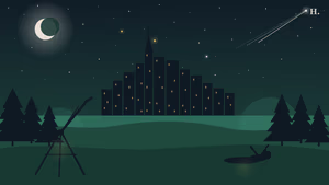 Telescope silhouette against Houston skyline at night with meteor streak and stars for stargazing guide