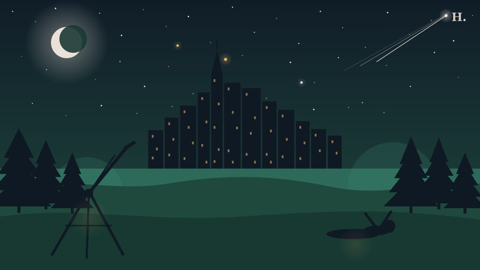 Telescope silhouette against Houston skyline at night with meteor streak and stars for stargazing guide