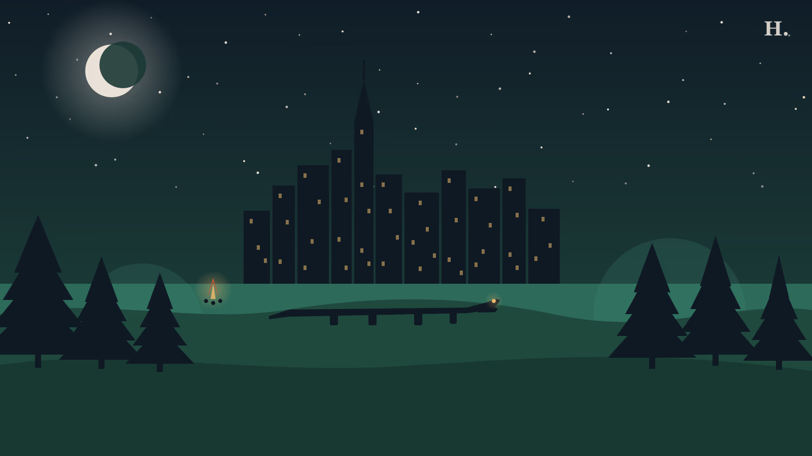 State parks near Houston at night: alligator silhouette and pine trees with Houston skyline, campfire glow and crescent moon