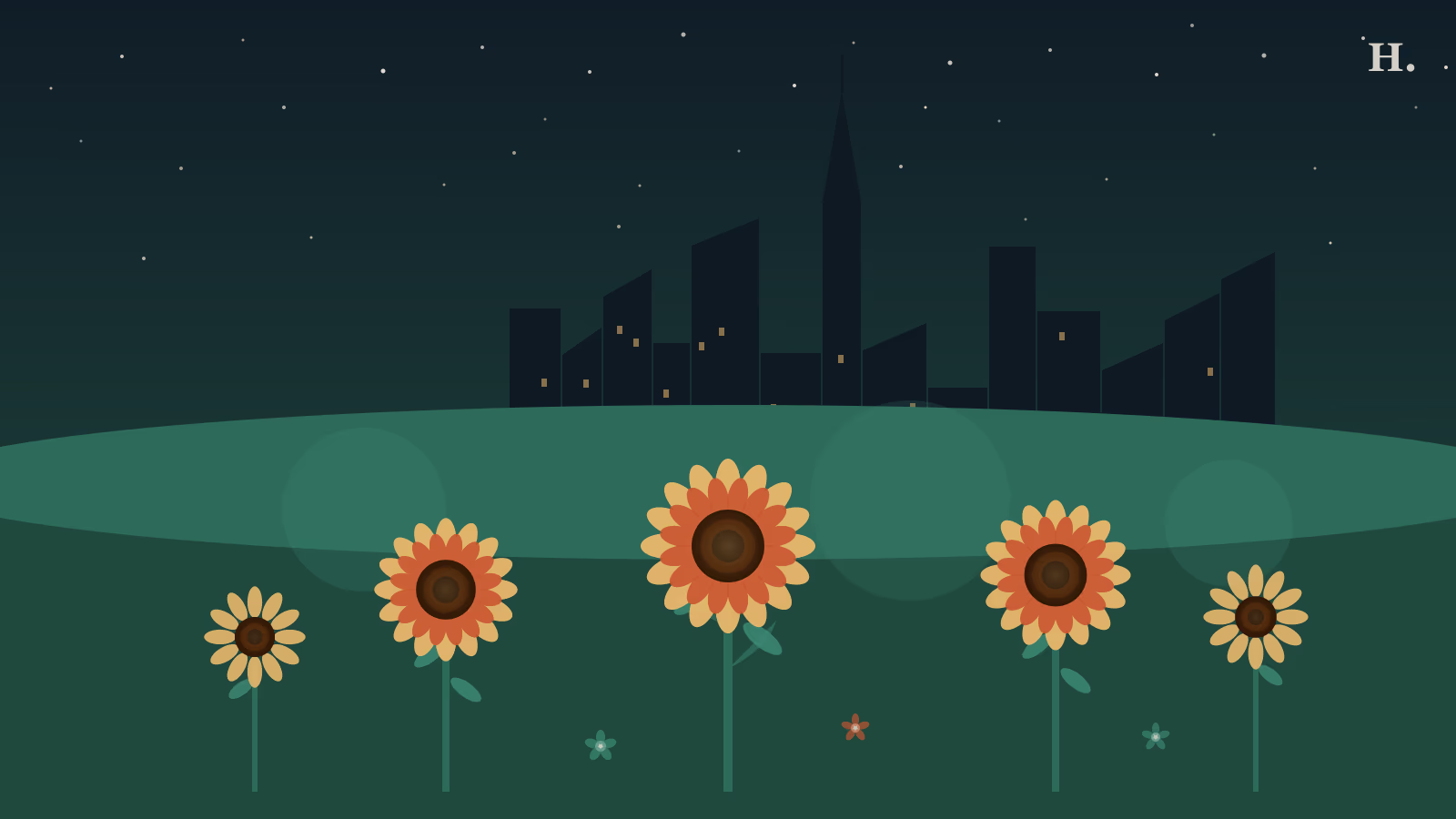 Sunflower and wildflower fields near Houston illustration with sunflowers in foreground against night skyline
