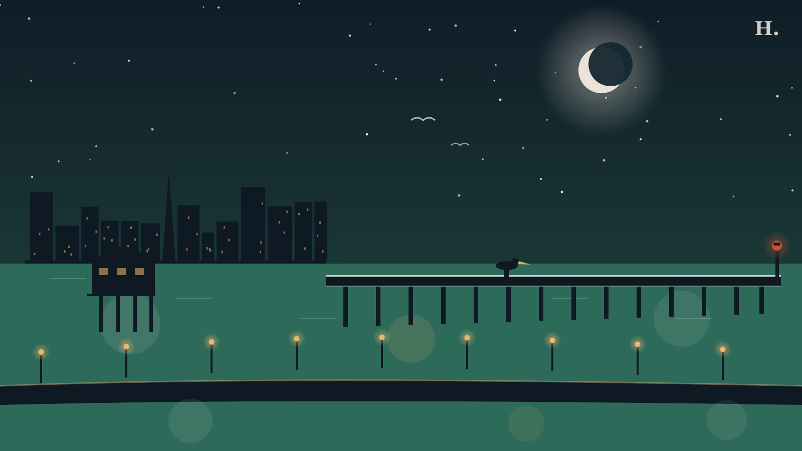 Surfside Beach Texas illustration: fishing pier at night, pelican silhouette, beach house on stilts, Houston skyline in the distance