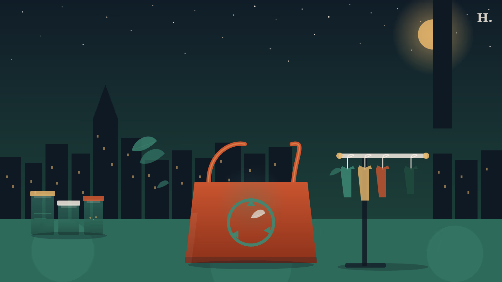 Sustainable shopping in Houston illustration: glass refill jars, tote bag and clothing rack under the city skyline at night