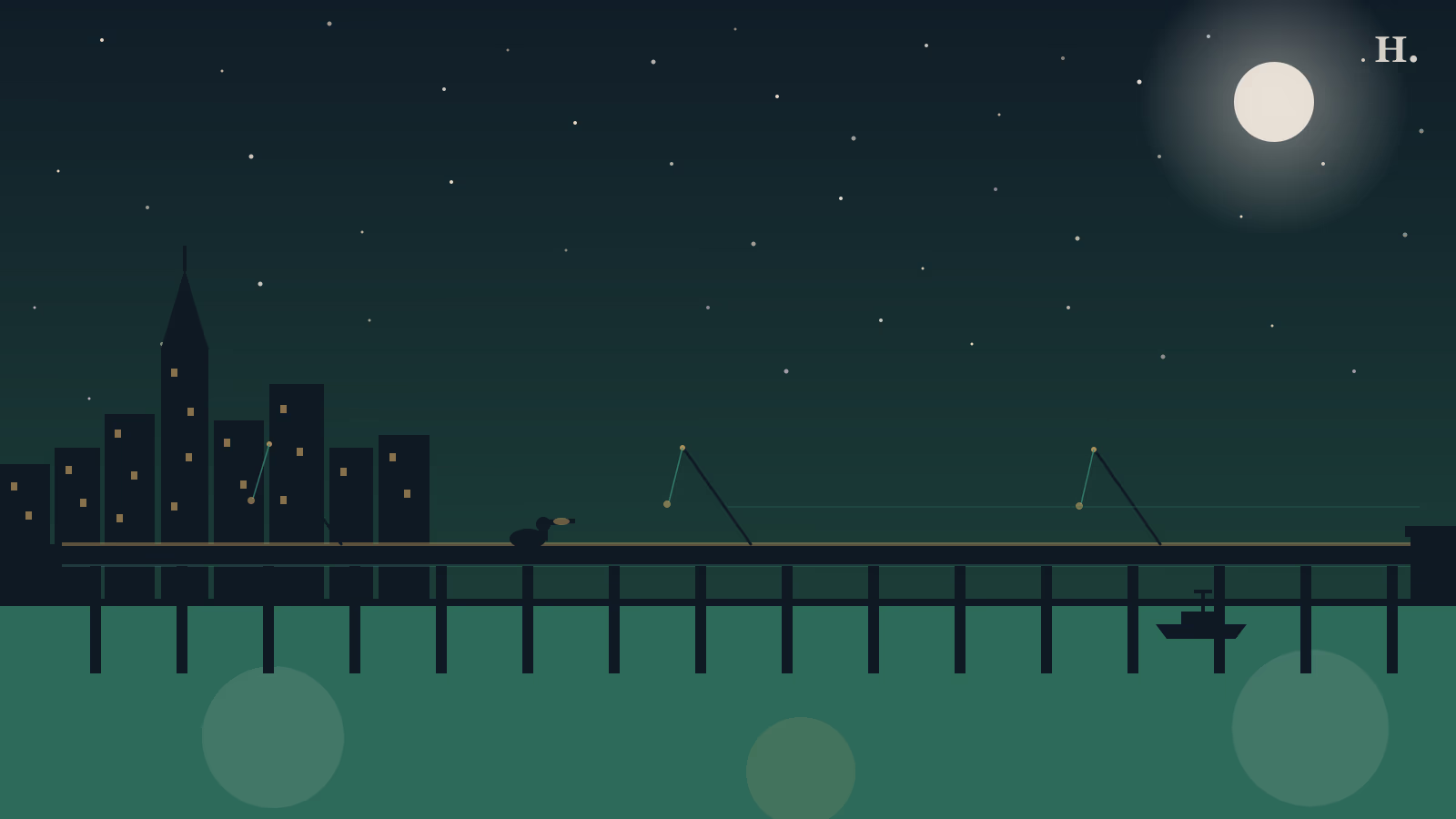Texas City Dike fishing pier at night: pelican on a piling, fishing rods over Galveston Bay, Houston skyline on the shore