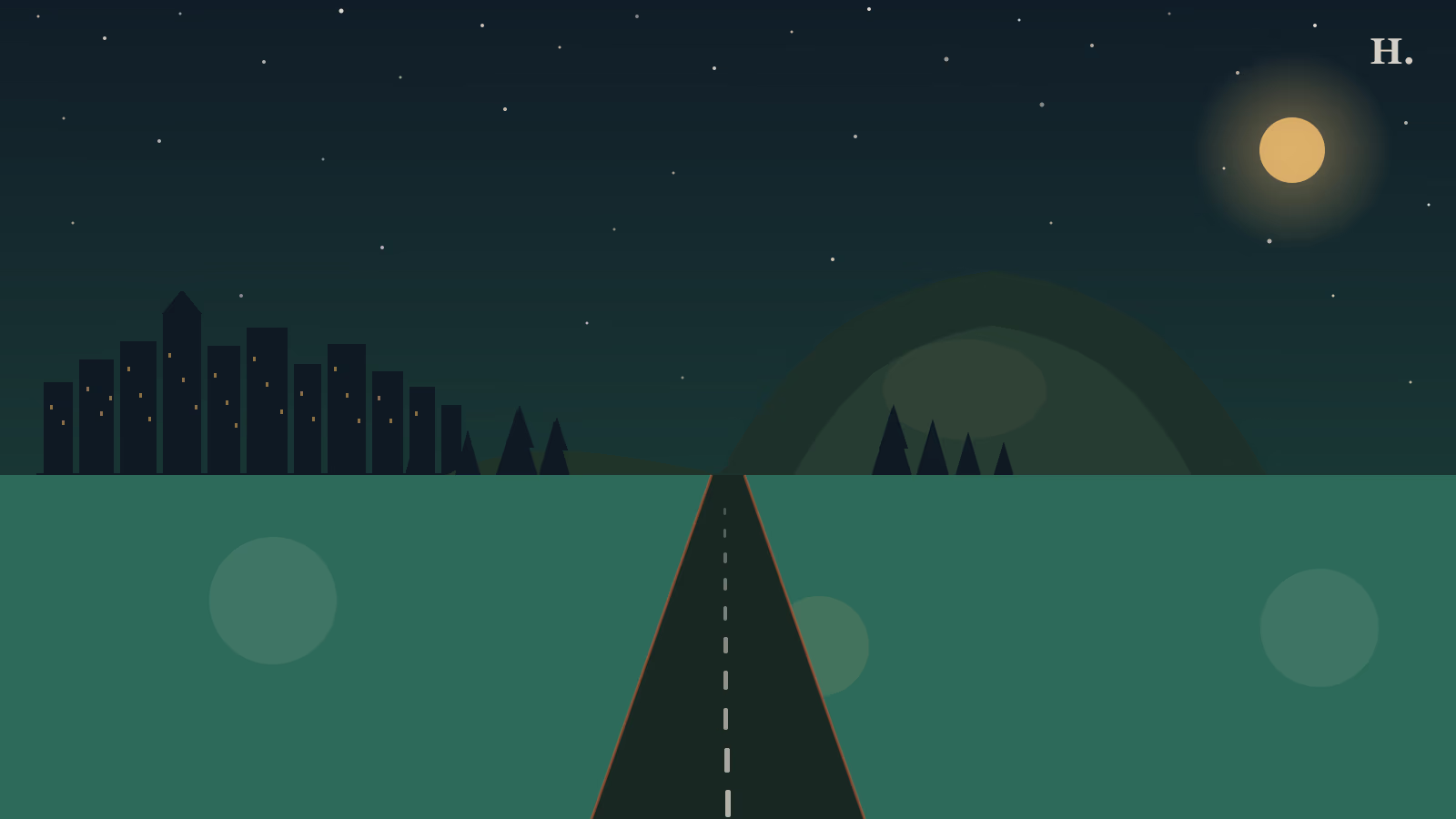 Texas hill country road trip illustration: winding highway, Enchanted Rock granite dome and Houston skyline at night