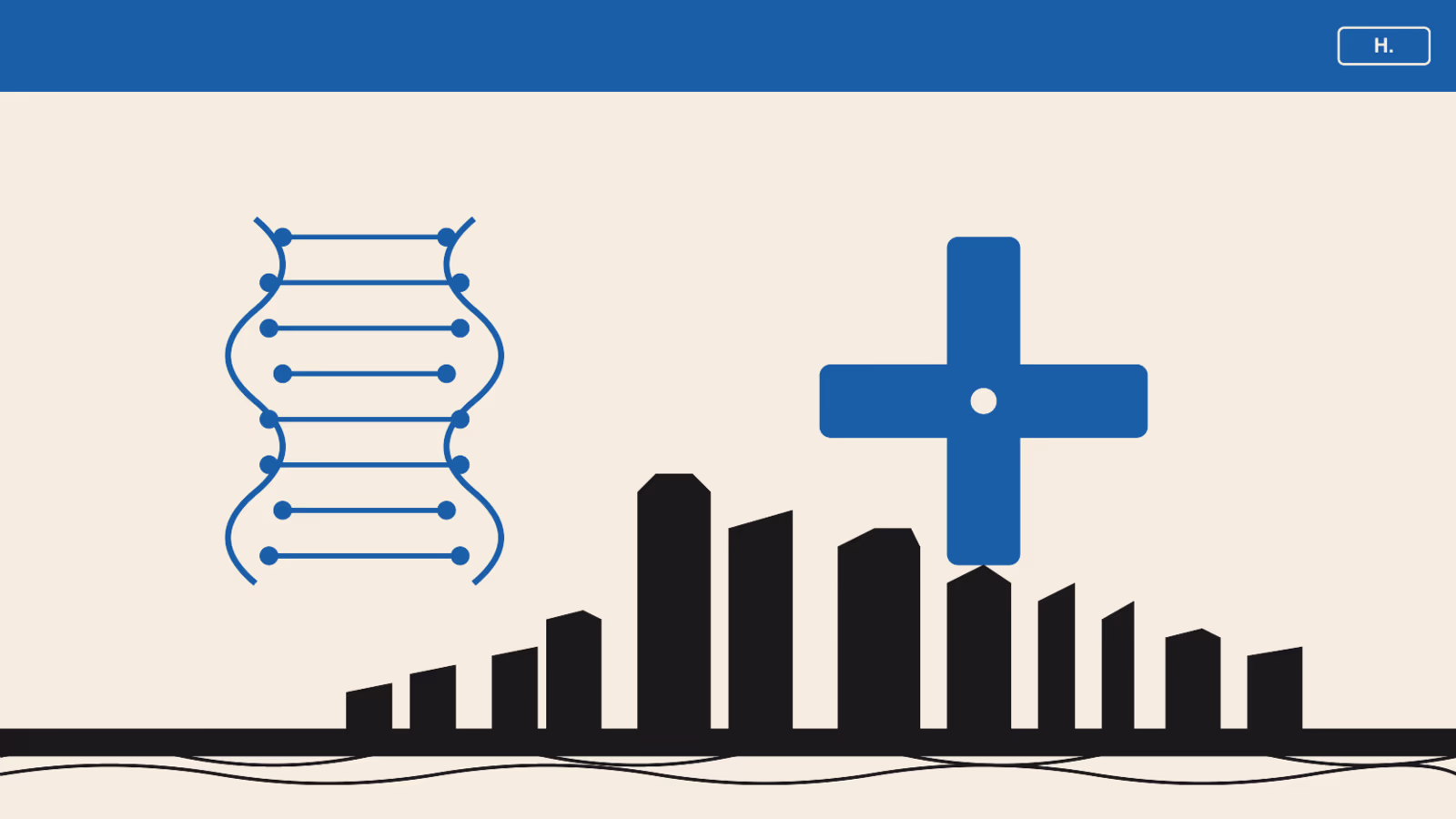 Stylized DNA double helix beside a medical cross icon over the Houston skyline, illustrating Texas Medical Center research highlights.