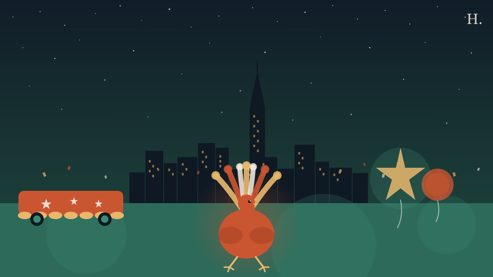 Thanksgiving in Houston illustration: parade floats, a turkey motif and the downtown skyline at night