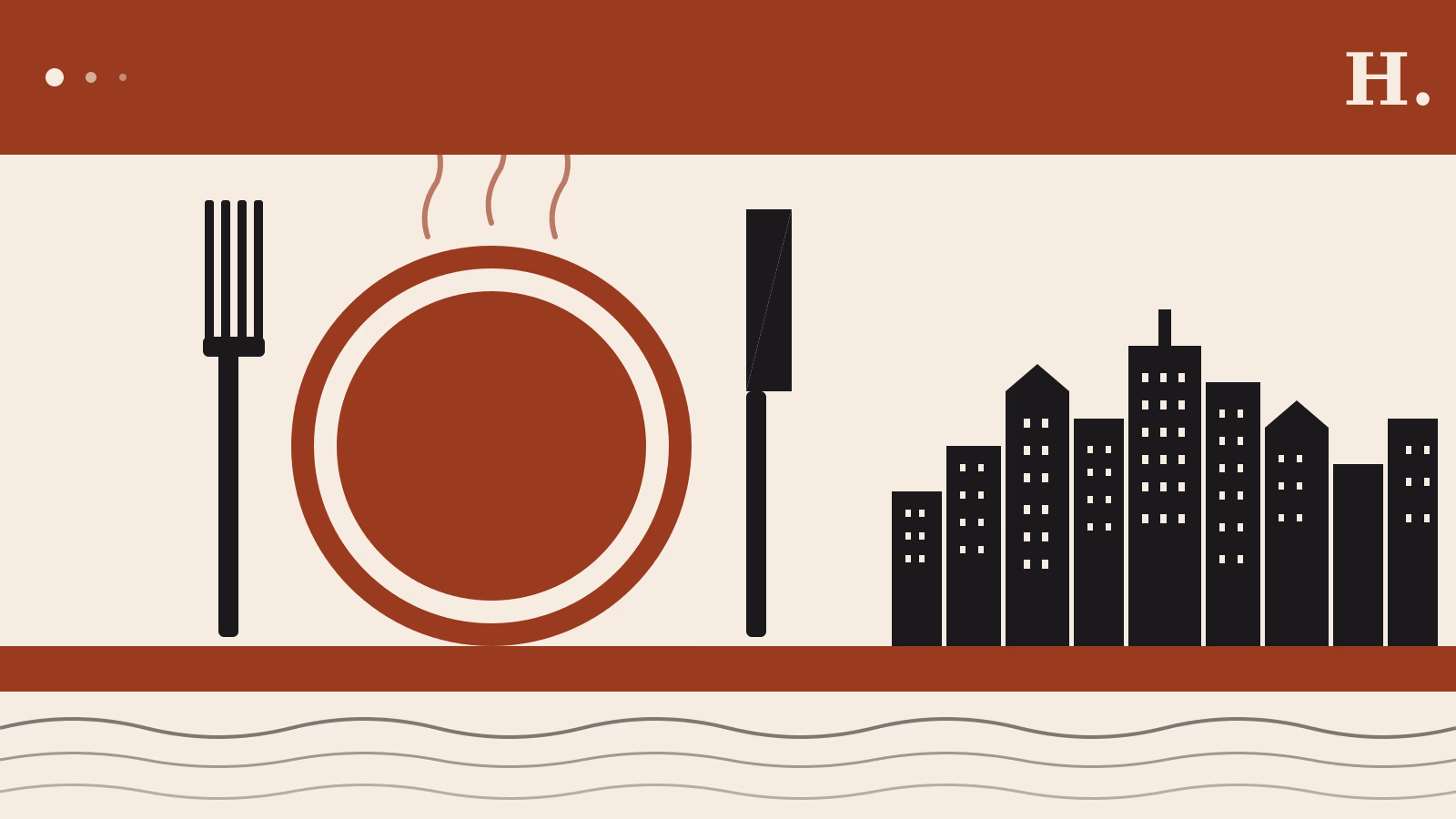 Illustration of best restaurants in The Heights Houston with fork knife plate and downtown skyline