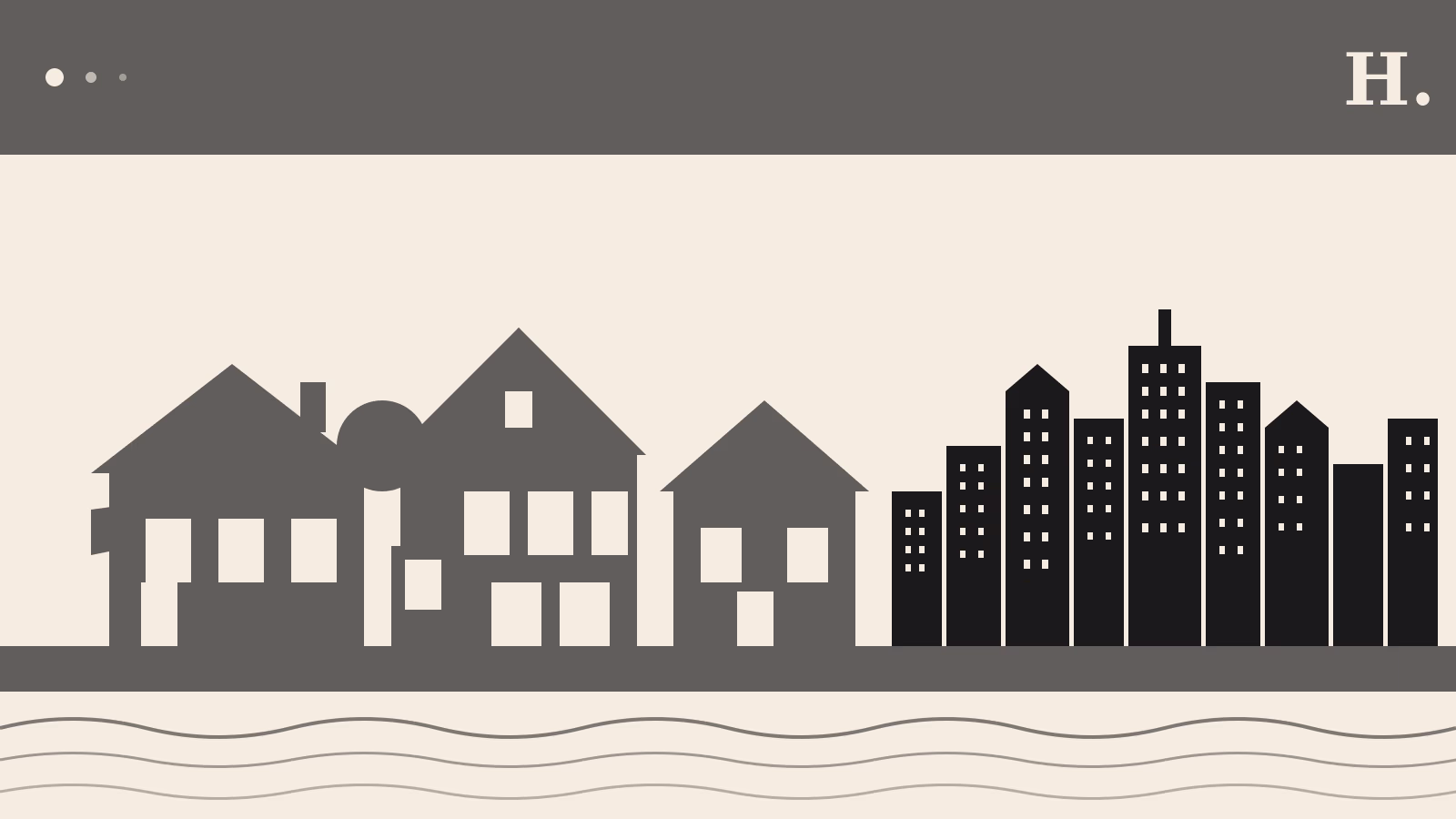 Illustration of The Heights Houston neighborhood with historic bungalows and downtown skyline