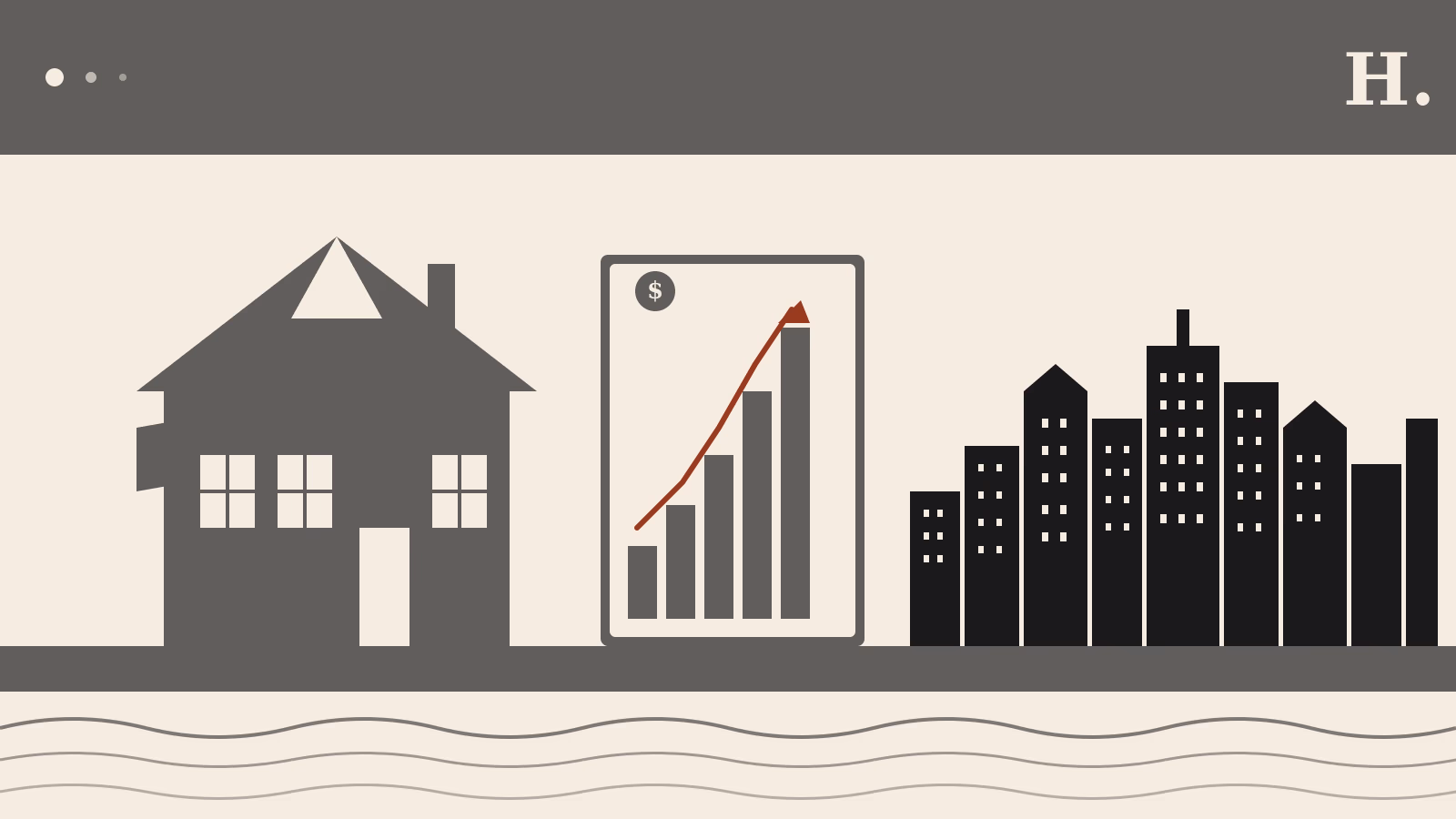 Illustration of Houston Heights real estate with historic bungalow rising price chart and downtown skyline
