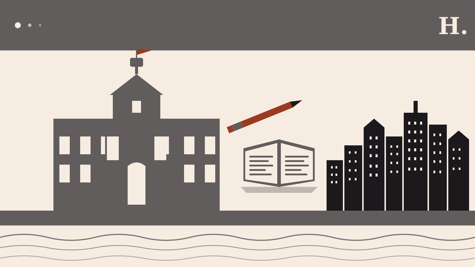 Illustration of schools in The Heights Houston with classic school building open book and pencil