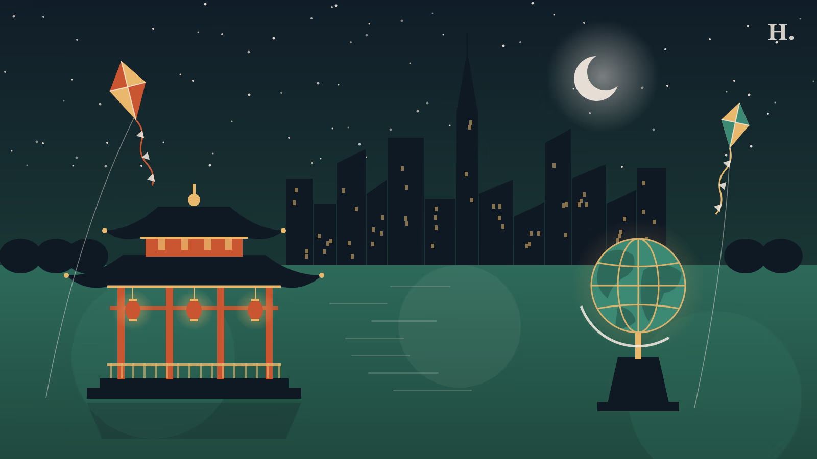Illustration of things to do in Alief Houston: carved pavilion, lake, globe and kites at night