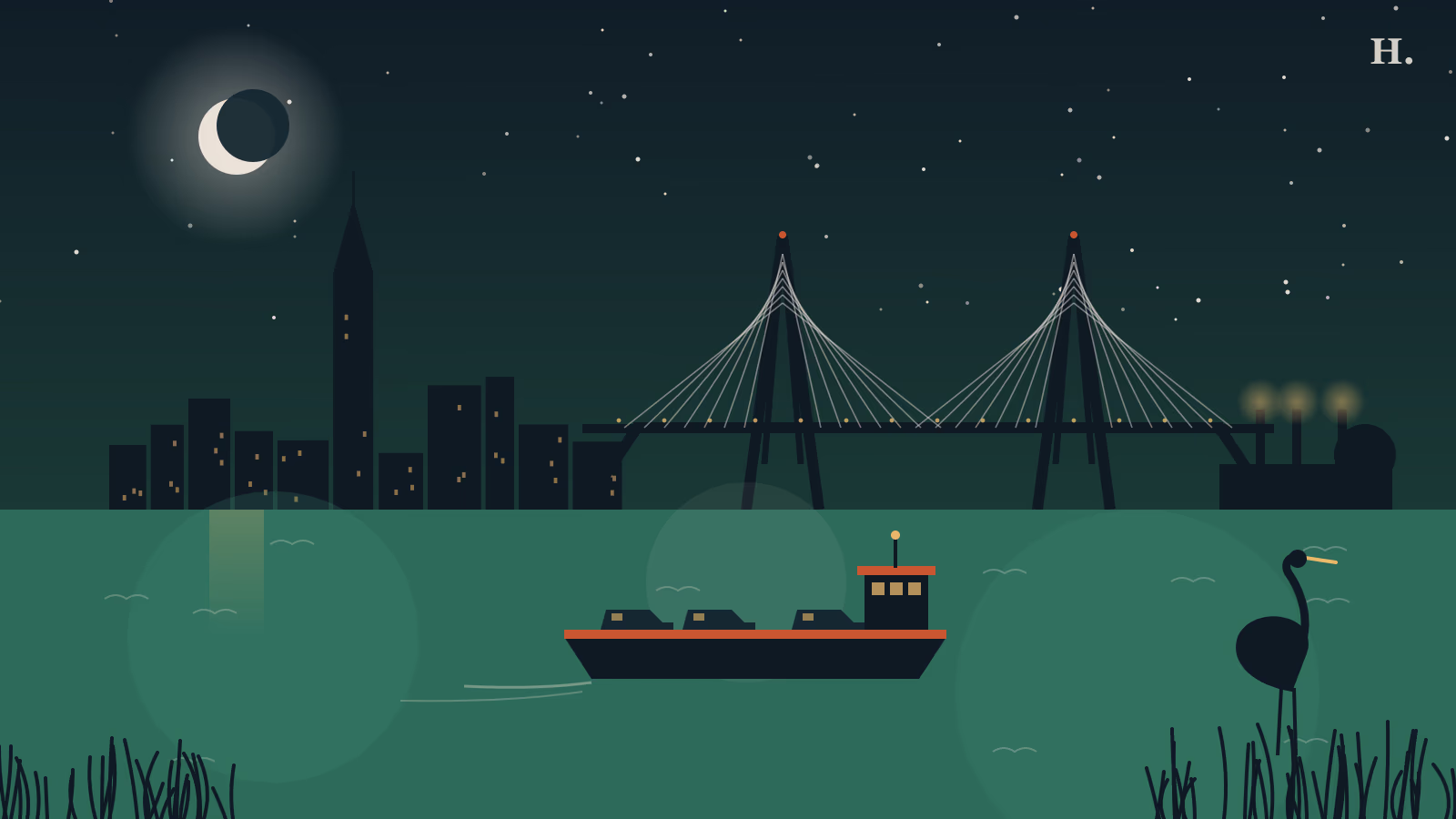 Illustrated things to do in Baytown TX: ferry, cable-stayed bridge, heron and night skyline