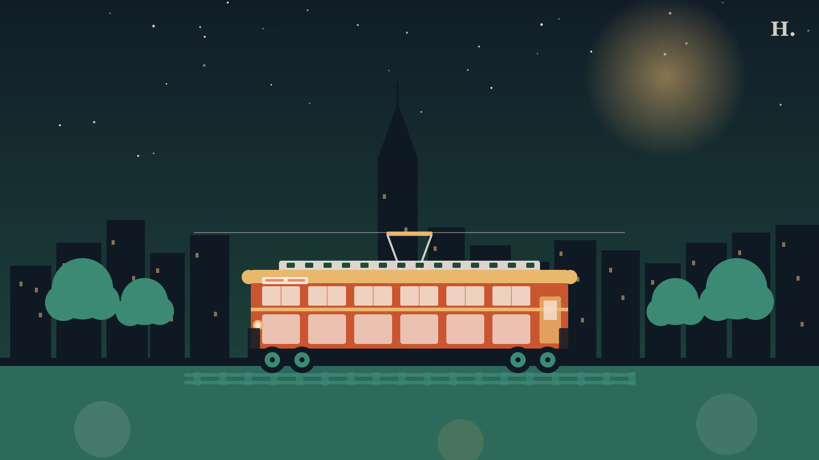 Vintage 1920s streetcar trolley in Bellaire TX at night with Houston skyline silhouette and park trees