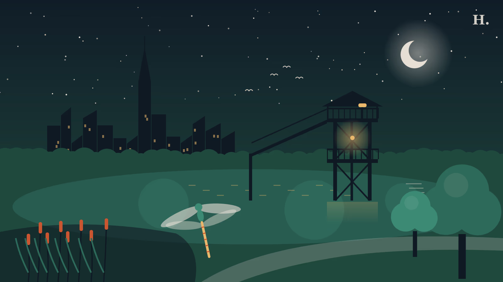 Illustrated things to do in Bridgeland Cypress: birding tower, lake, dragonfly and night skyline