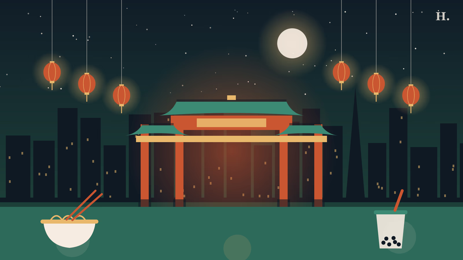 Illustration of things to do in Chinatown Houston: red arch, lanterns and skyline at night