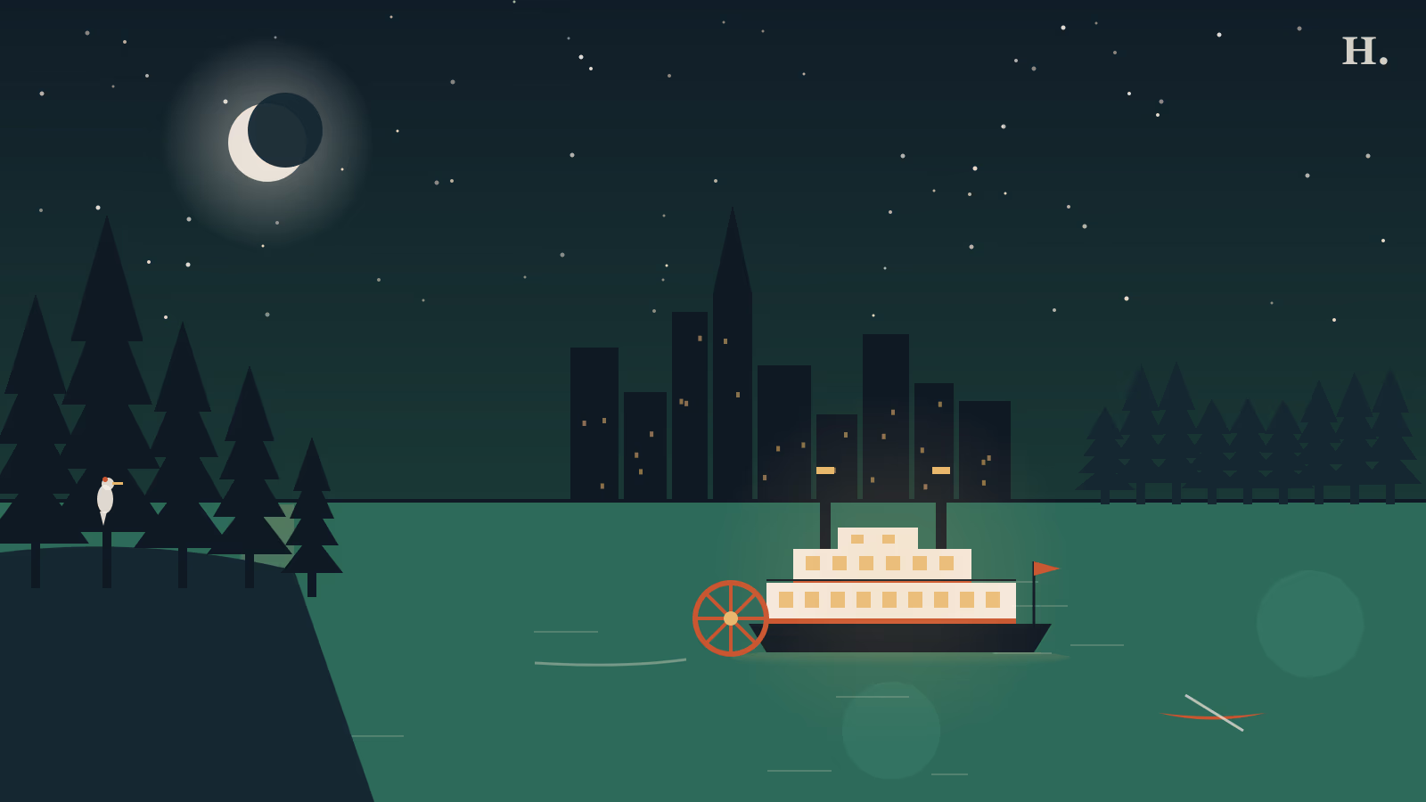 Illustration of things to do in Conroe TX: paddlewheel boat on Lake Conroe beside pine forest at night