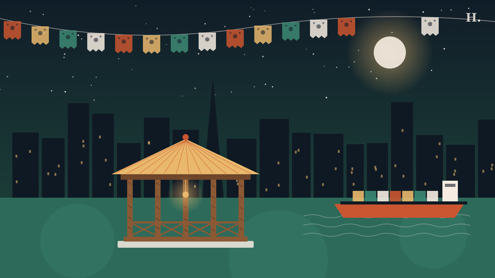 Illustration of things to do in the East End Houston: quiosco, papel picado and ship at night