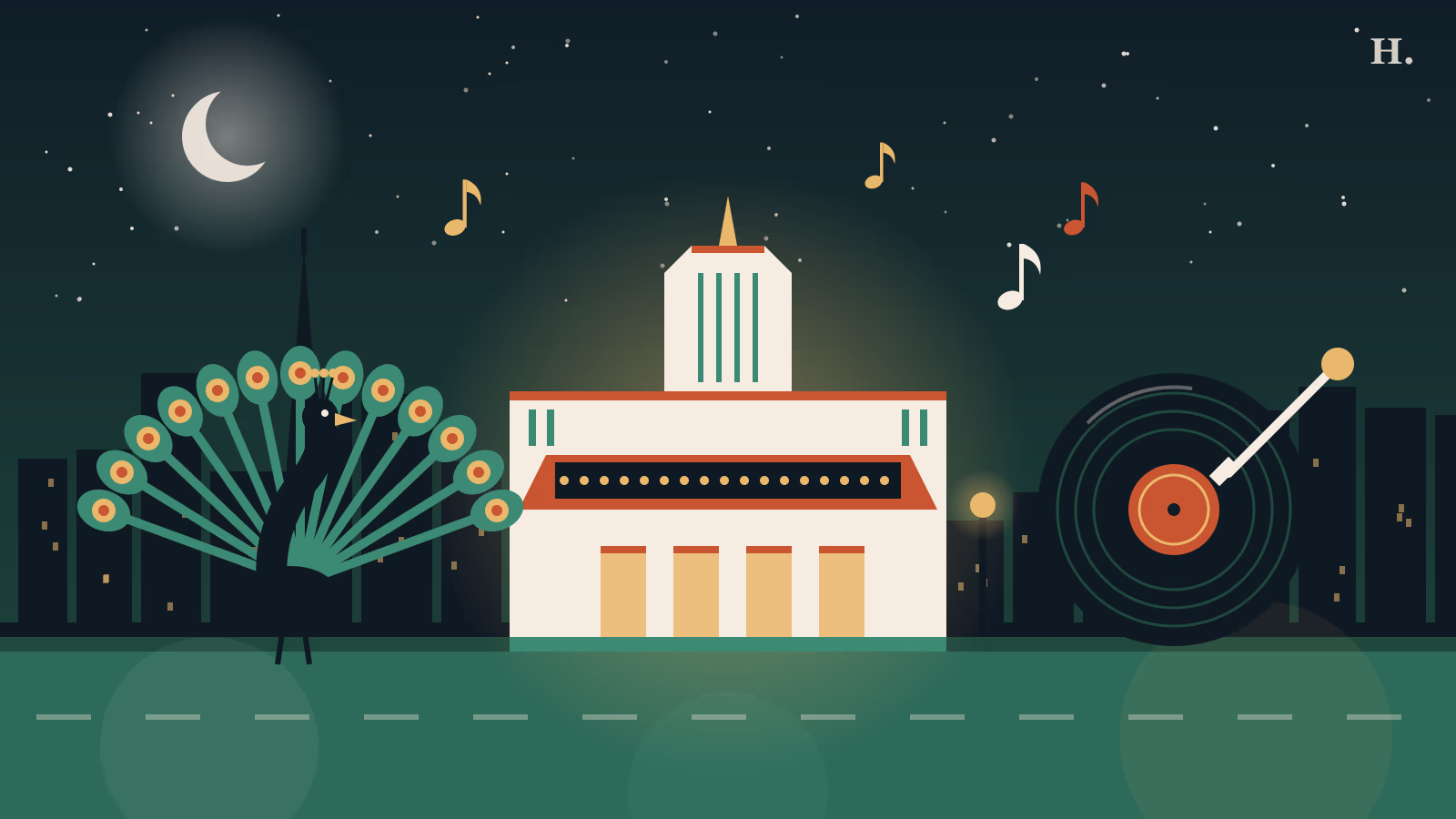 Illustration for things to do in Fifth Ward Houston: art deco theater, peacock and vinyl record at night