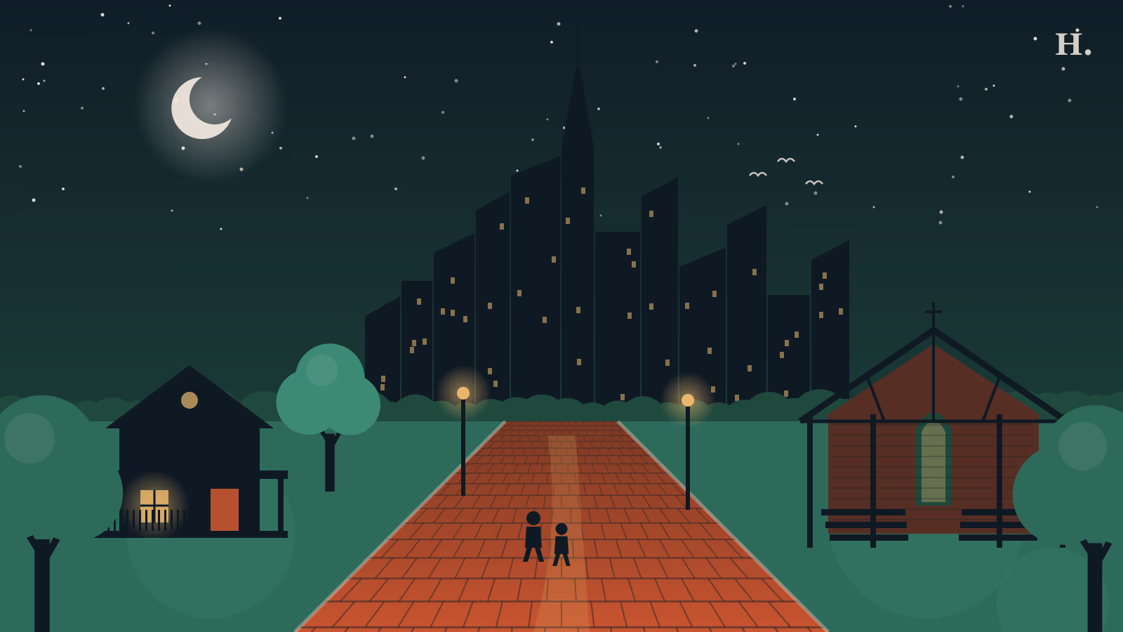 Illustration of things to do in Fourth Ward Houston: brick street, cottage and open-air church below the skyline