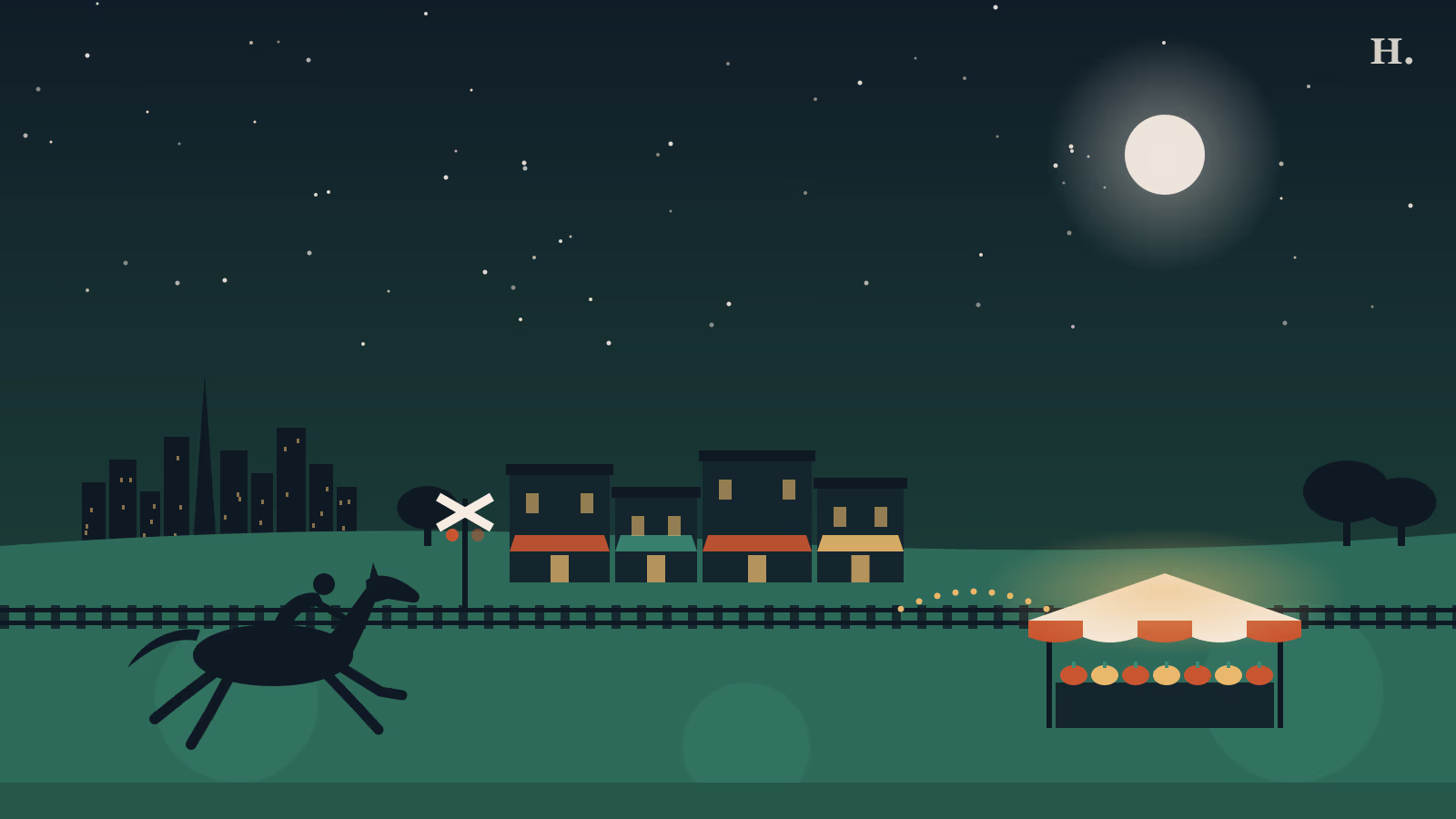 Illustration of things to do in Fulshear TX: racehorse, main street, rail line and market tent at night
