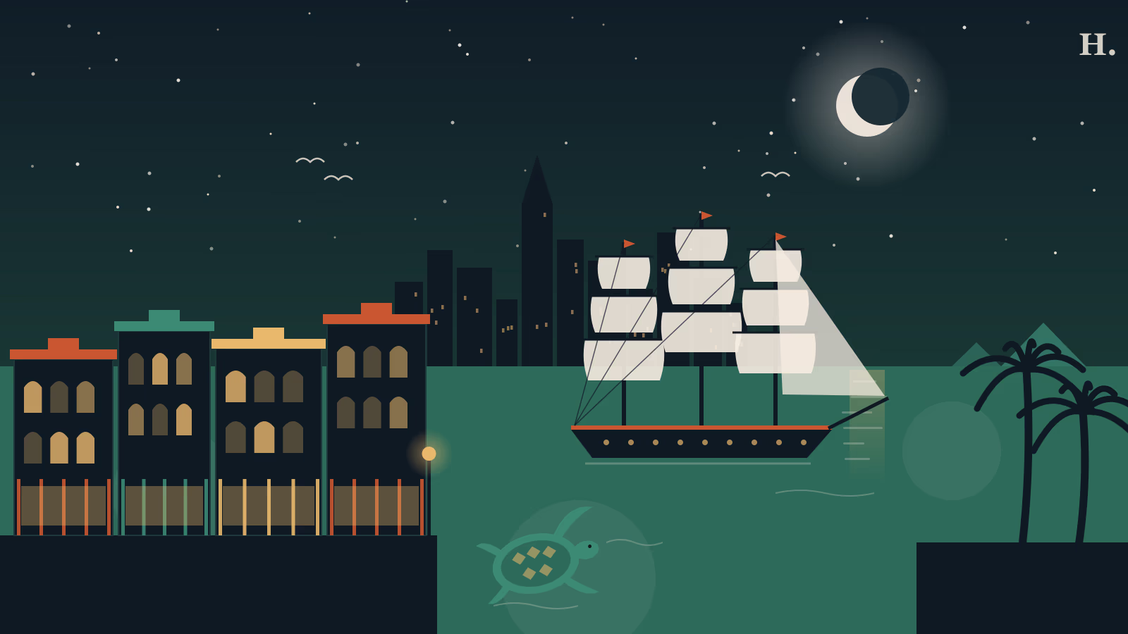 Illustration of things to do in Galveston: tall ship, Strand storefronts and sea turtle at night