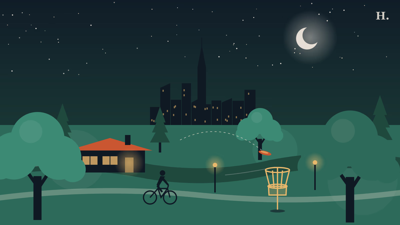 Illustration of things to do in Oak Forest Houston: oaks, ranch house, bayou trail, disc golf basket