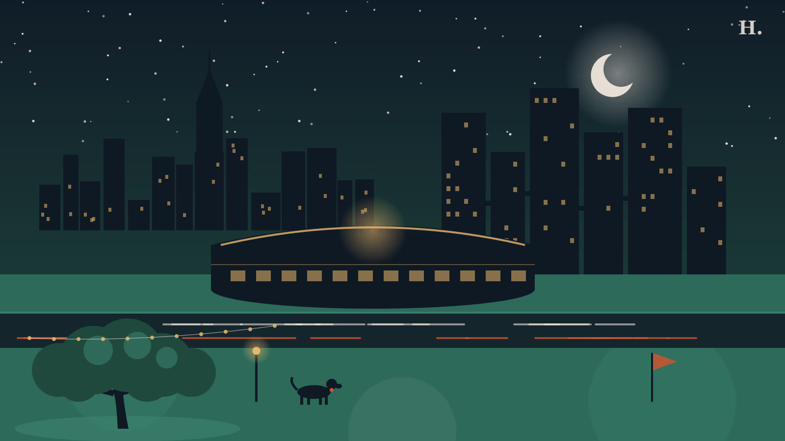 Illustration of things to do in Greenway Plaza Houston: Summit arena, towers, Levy Park at night