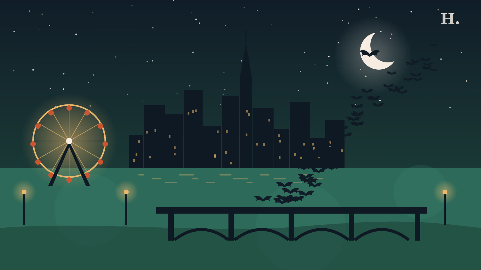 Things to do in Houston at night illustration: bats over the bayou, crescent moon and lit skyline