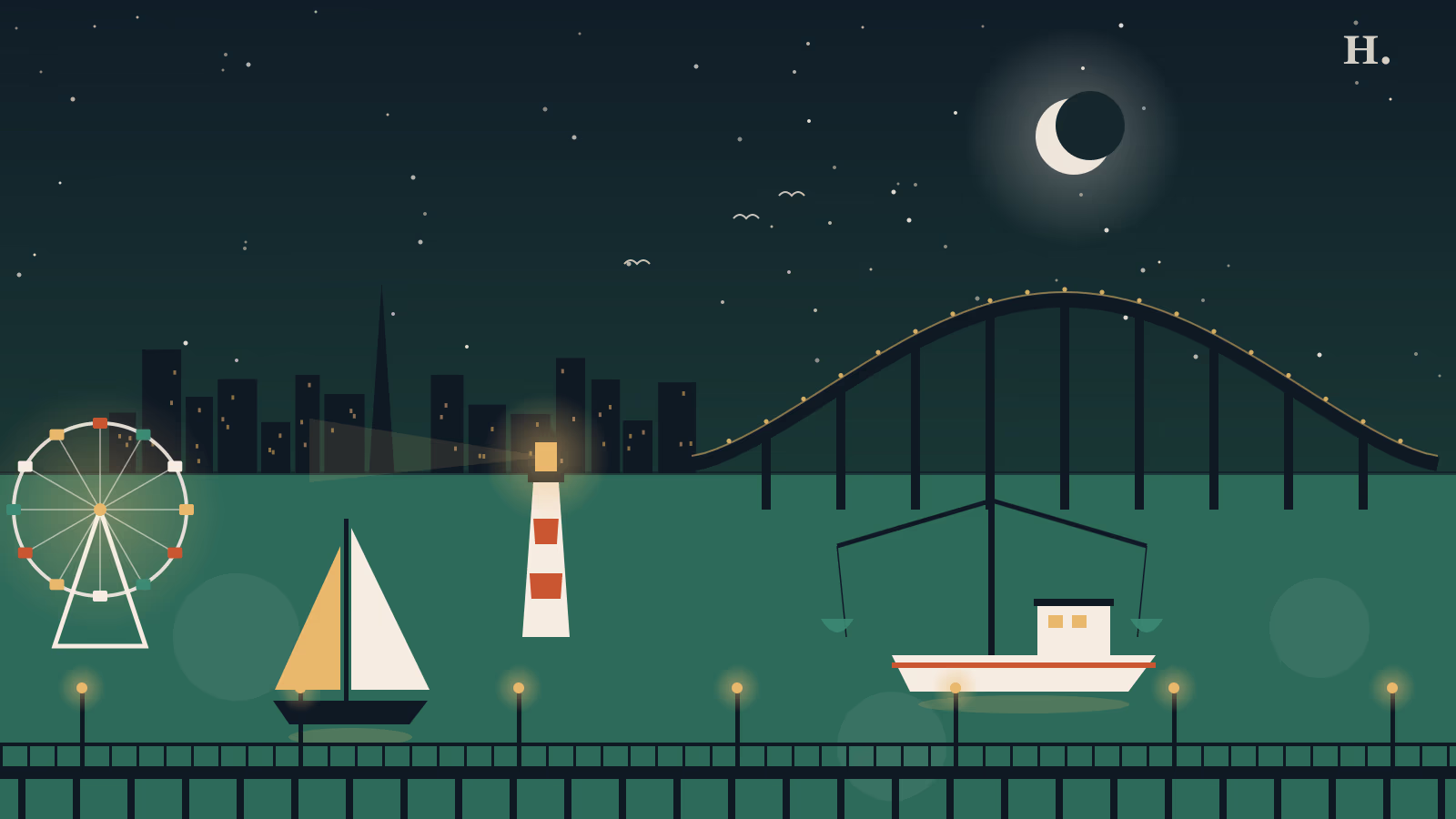 Illustration of things to do in Kemah TX: sailboat, shrimp boat, bridge and Ferris wheel at night