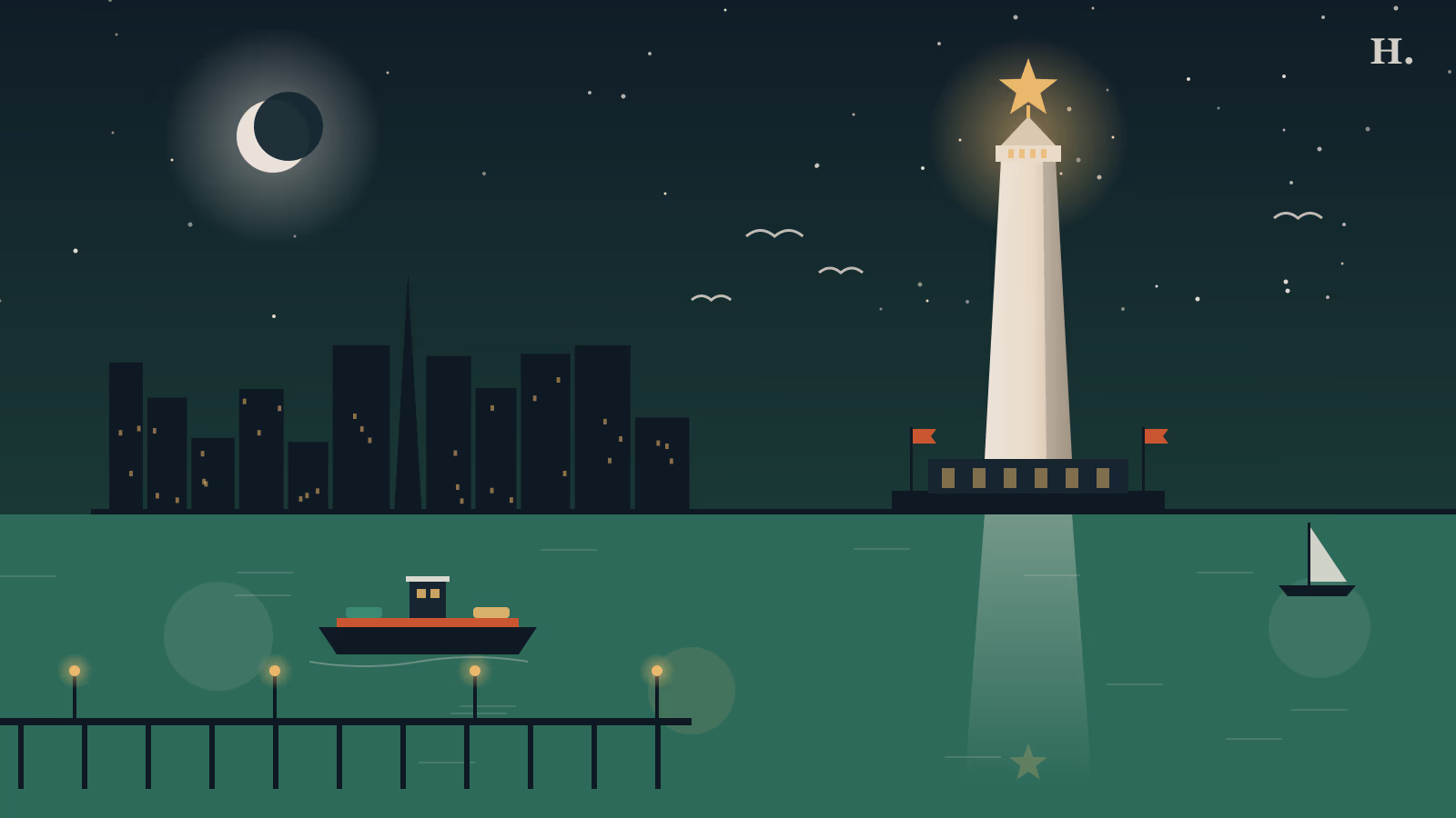 Illustration of things to do in La Porte TX: San Jacinto Monument, ferry and bay at night