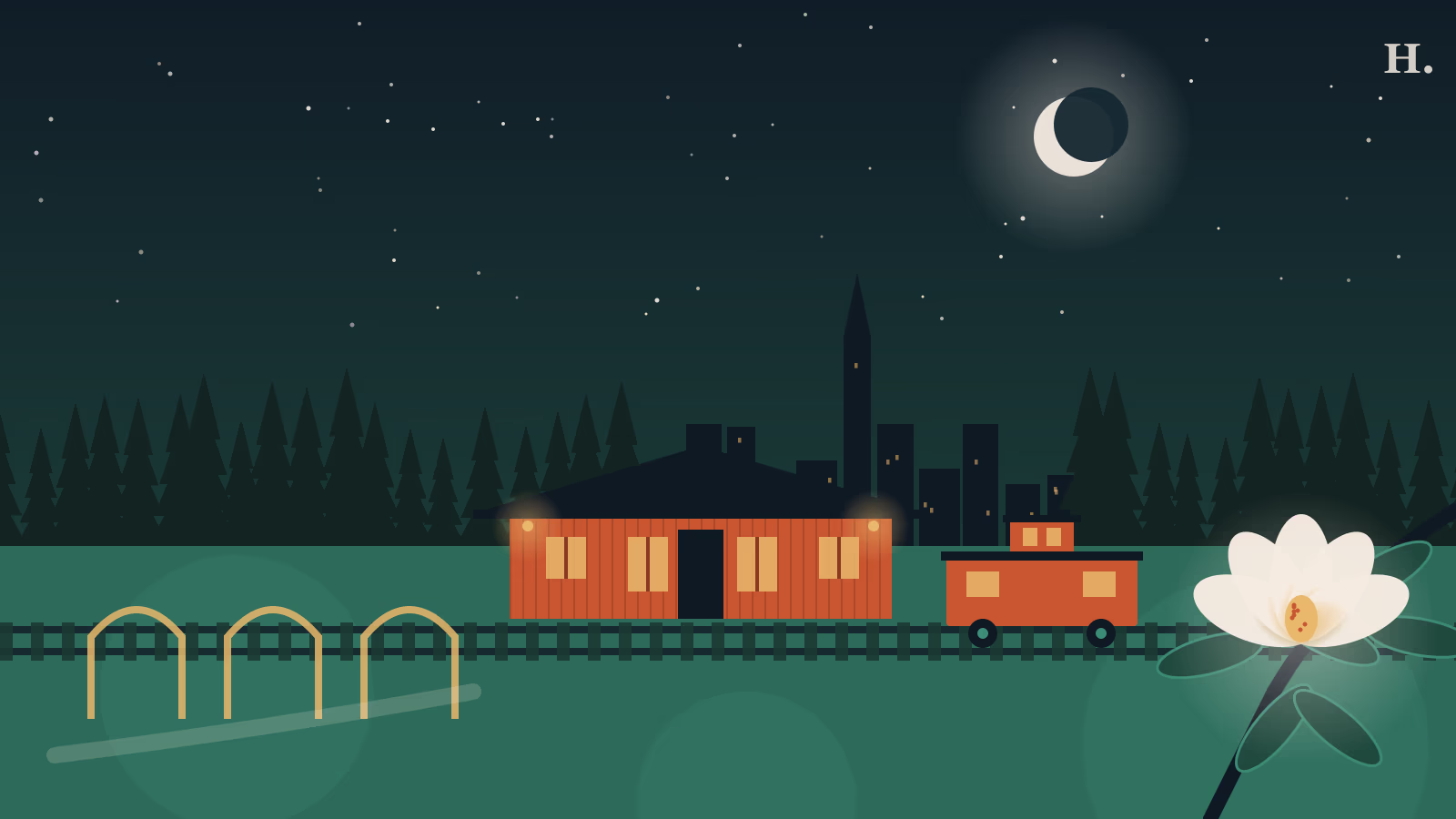 Illustration for things to do in Magnolia TX: railroad depot, caboose, pines and magnolia blossom at night