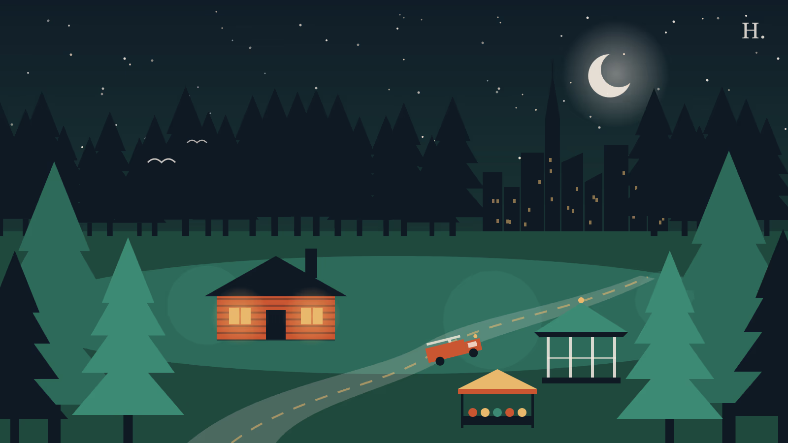 Illustration of things to do in Memorial Villages: pine forest, log cabin, gazebo, fire truck and market stall at night