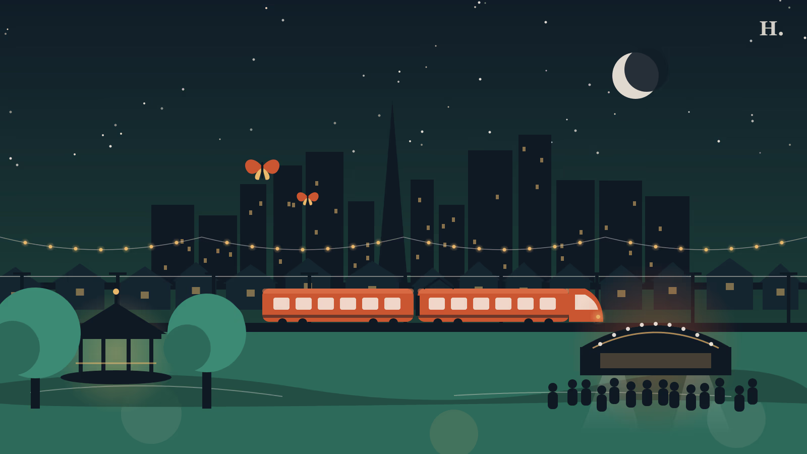 Things to do in Northside Houston illustration: Red Line train, gazebo, lawn stage