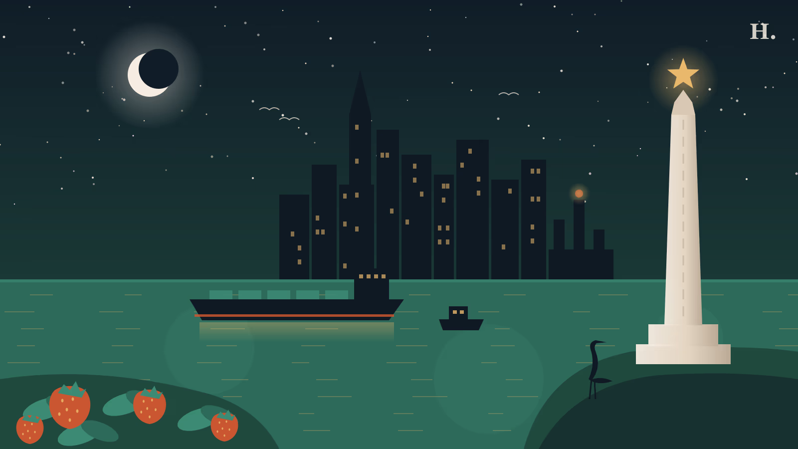 Illustration of things to do in Pasadena TX: San Jacinto Monument, ship channel tanker, strawberries and skyline at night