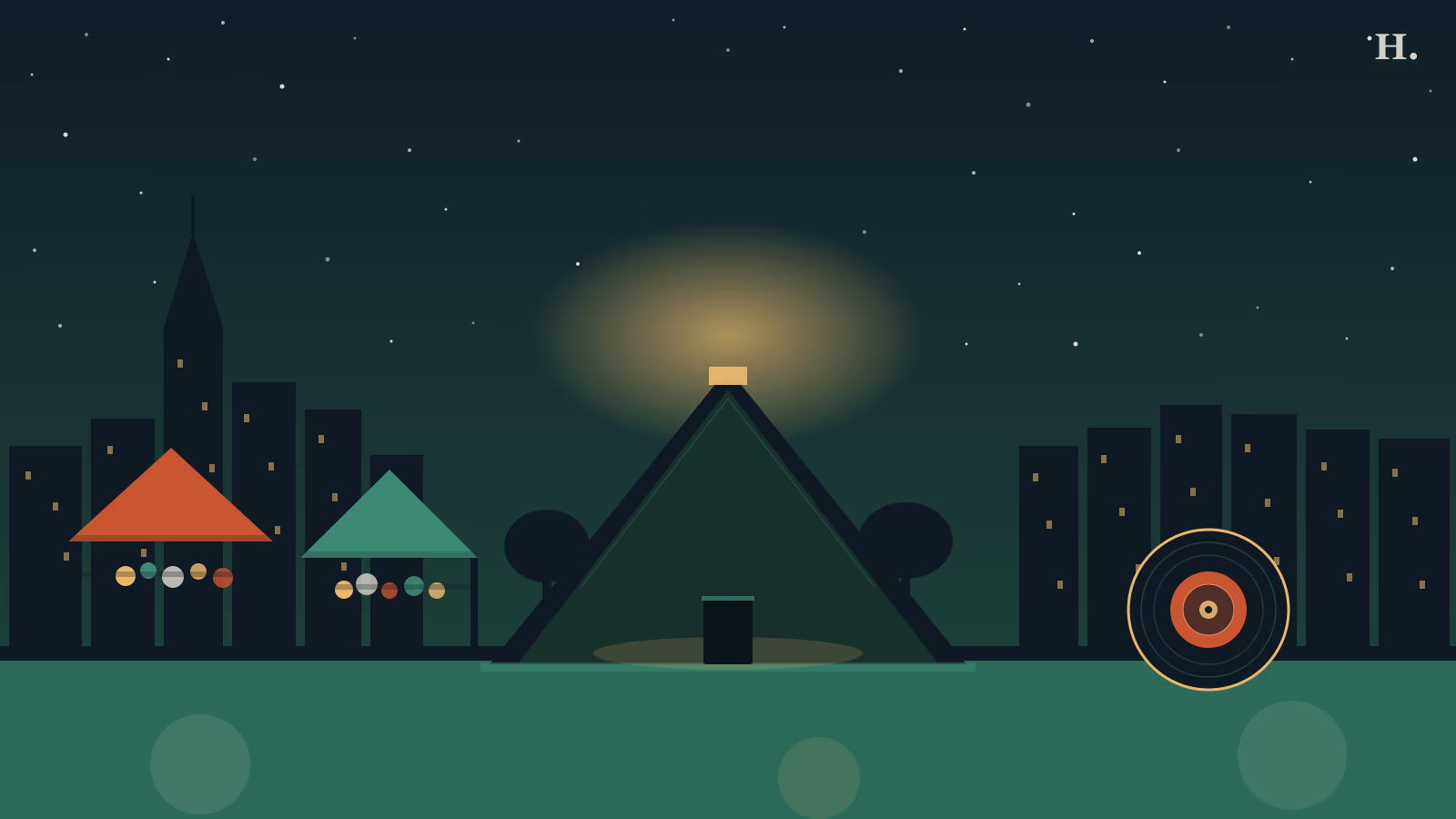 Rice Village things to do: market tents, Skyspace pyramid, vinyl record, Houston night sky