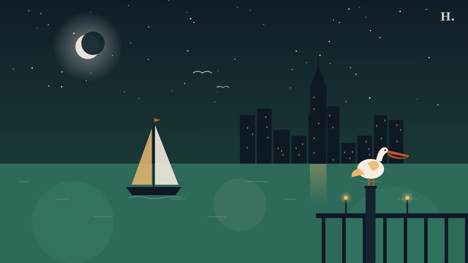 Illustration for things to do in Seabrook TX: pelican on a pier post, sailboat and Houston skyline