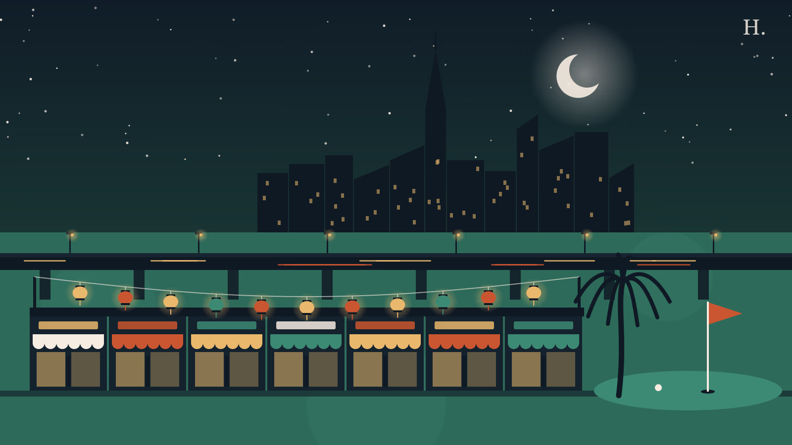 Illustration for things to do in Sharpstown Houston: lanterns, storefronts, freeway and golf flag at night
