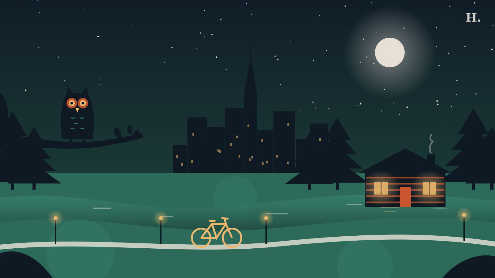 Illustration of things to do in Timbergrove Houston: owl, bayou trail, log cabin and skyline at night