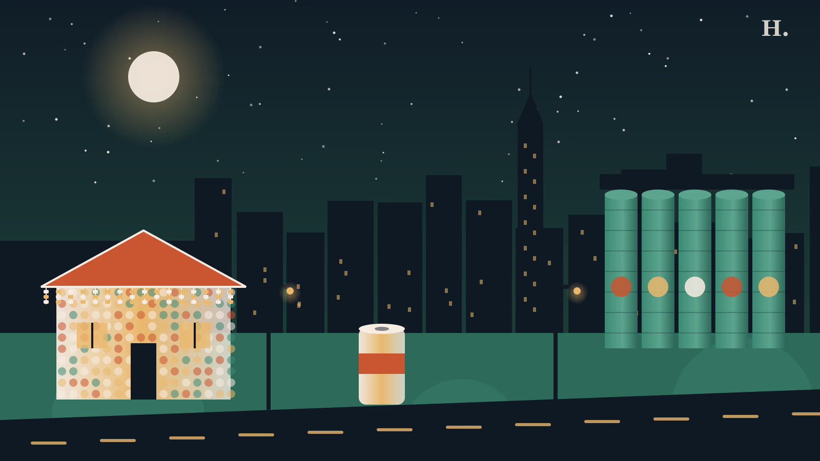 Illustration of things to do in Washington Avenue Houston: beer can house, silos and skyline