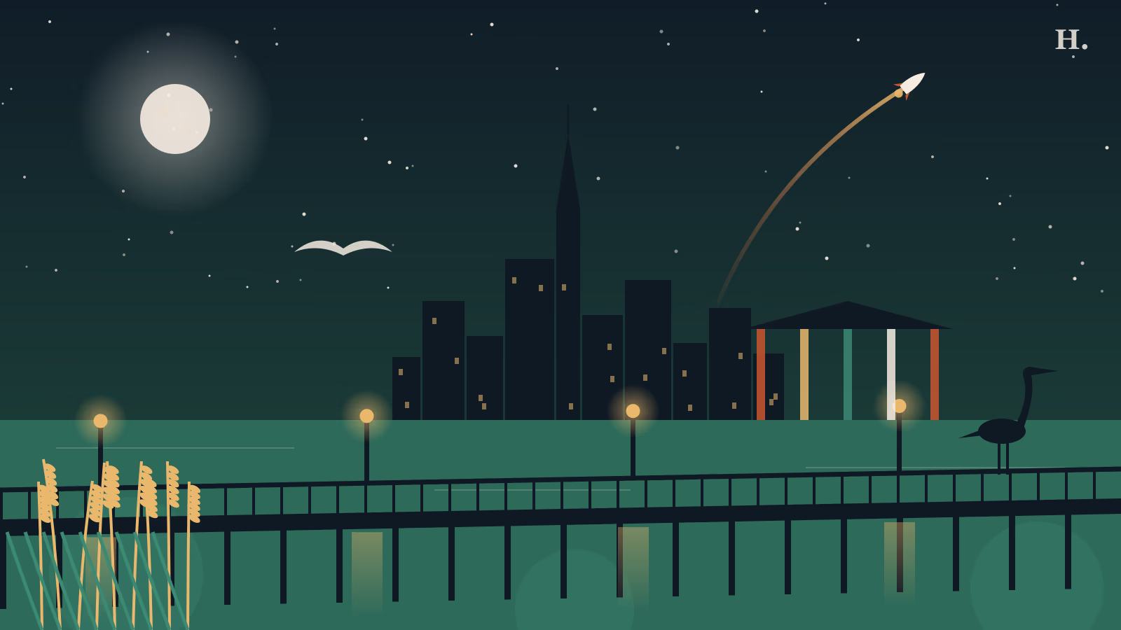 Illustration of things to do in Webster TX: lit boardwalk, heron, rice stalks and rocket at night