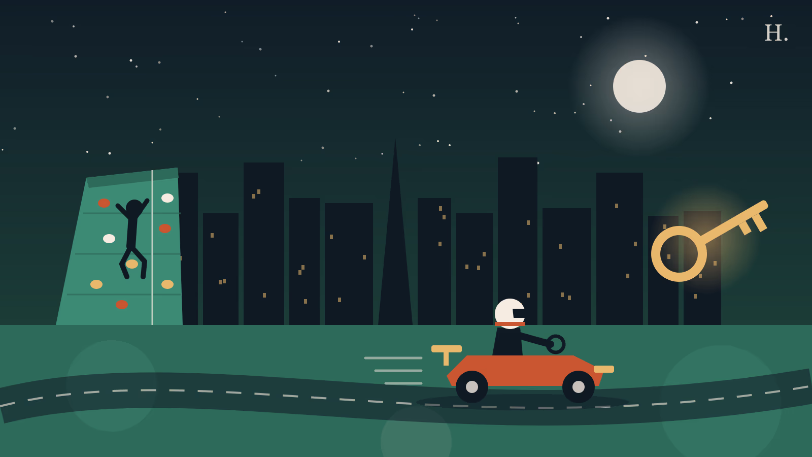 Things to do with teens in Houston illustration: go-kart, climbing wall and escape-room key