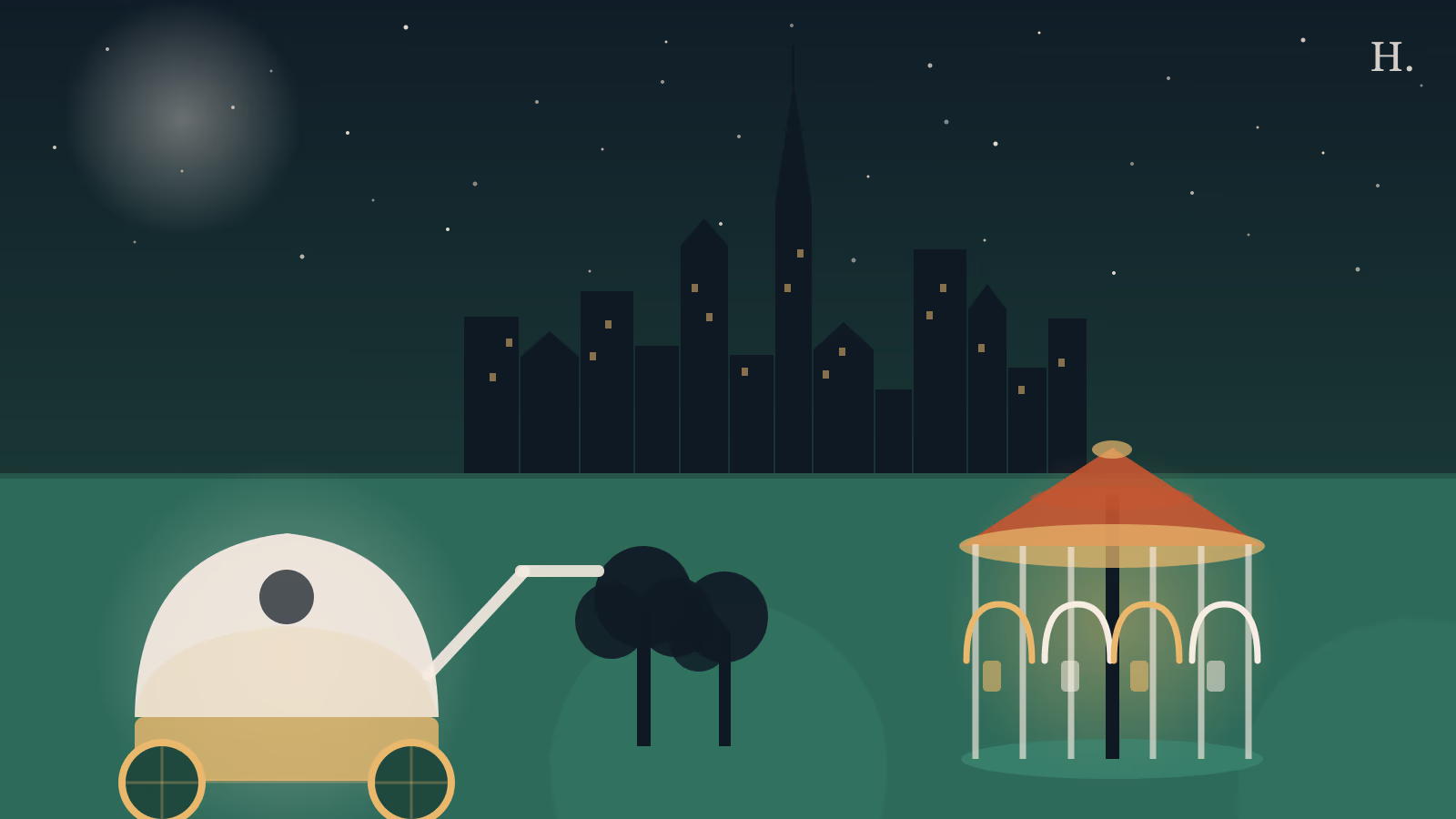 Stroller and carousel illustration for things to do with toddlers in Houston, night-sky style