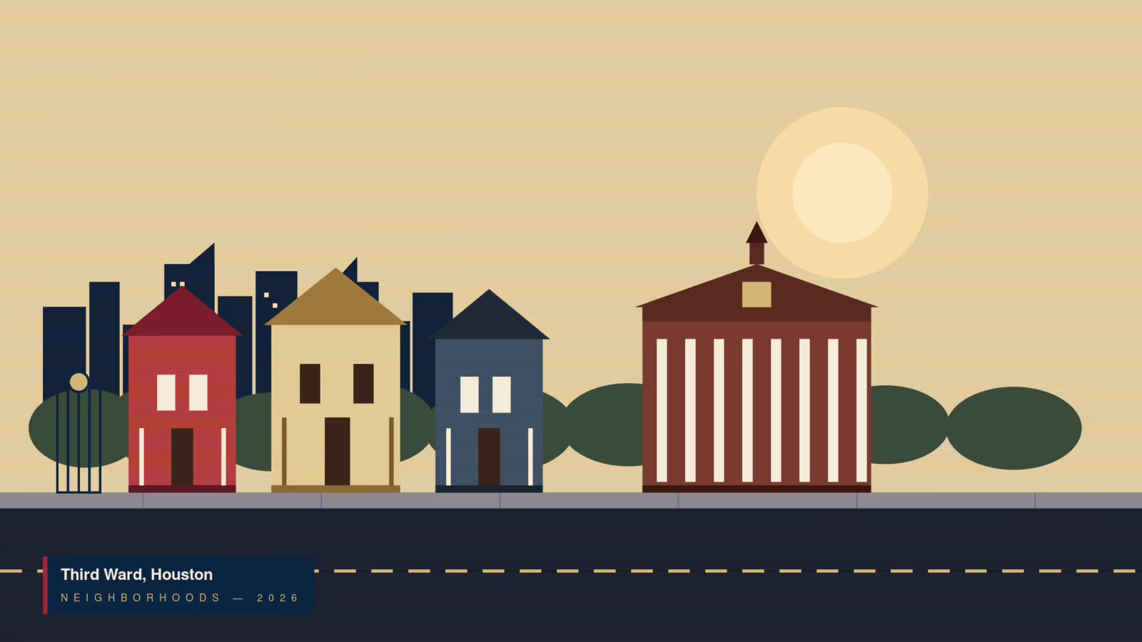Illustration of historic shotgun houses, a Texas Southern University-style columned brick building, and downtown Houston skyline framing Third Ward Houston