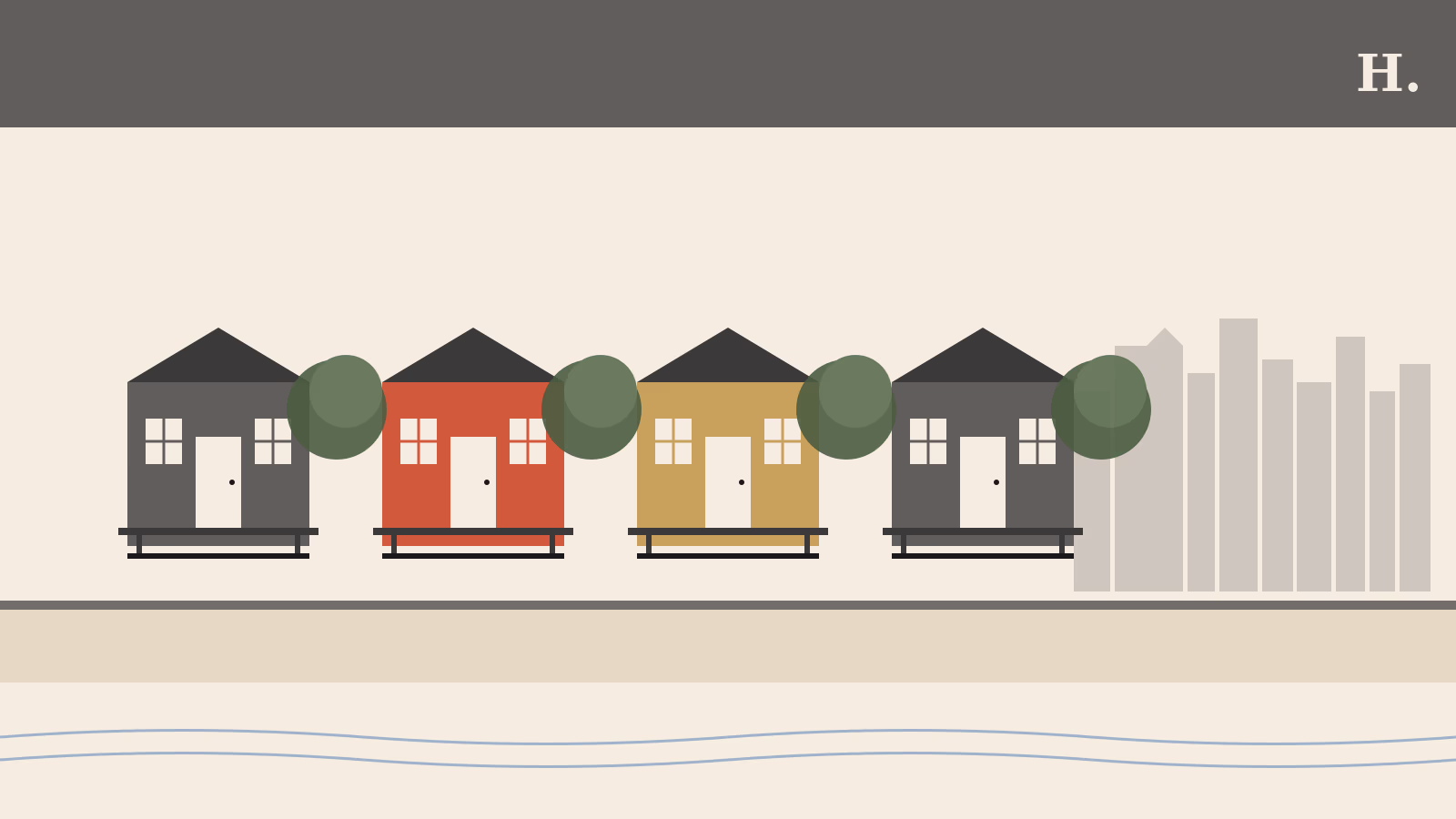 Illustration of shotgun houses on a tree-lined Third Ward Houston street with distant downtown skyline