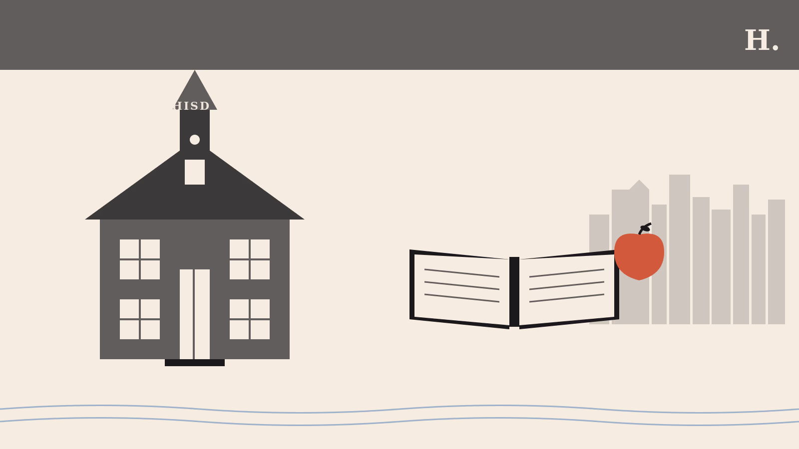 Illustration of schoolhouse open book and apple for Third Ward Houston schools Yates HS Worthing HS TSU and HISD guide